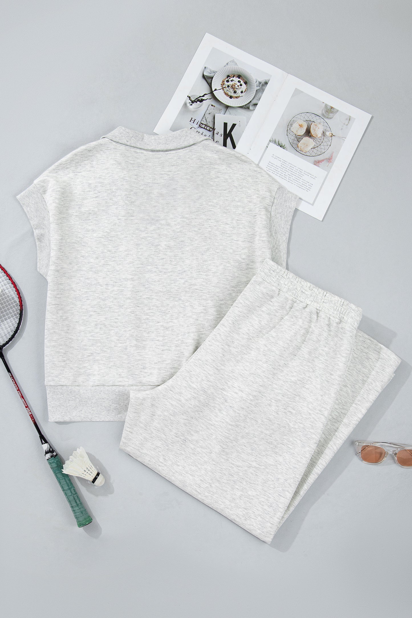 Light Grey Half Zip Polo Tee Loose Pants Plus Size 2pcs Outfit