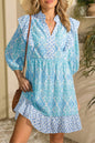 Sky Blue Boho Floral Geometric Patchwork Ruffle Detail Puff Sleeve Mini Dress