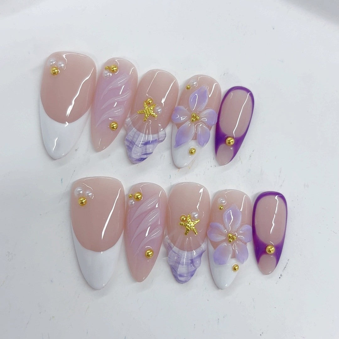 Elegant Pastel: "Lavender Bloom French" – Medium Almond Nude & Purple Gradient Handmade Press-On – Image 4