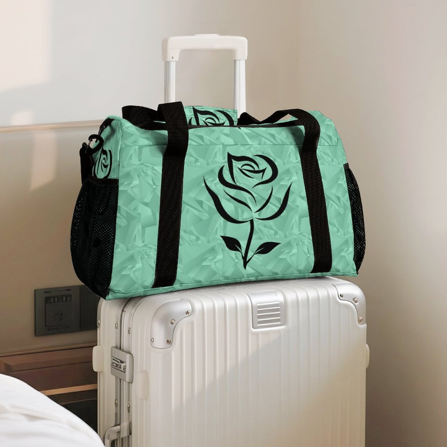 Travel Duffel Bag Teal with Black Rose