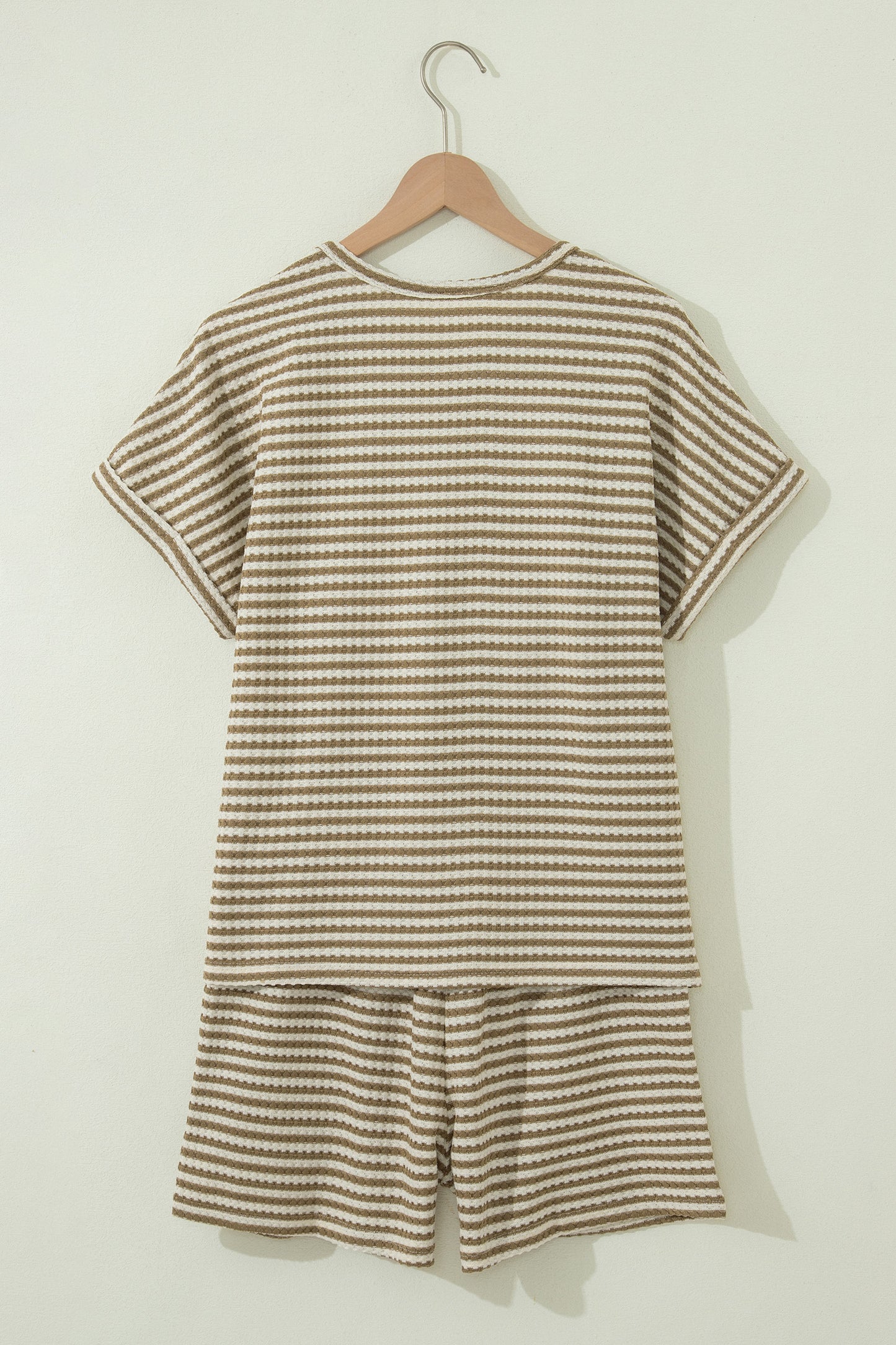 Brown Stripe Breathable Textured Knit Short 2pcs Set