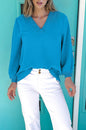 Sky Blue Frilled V Neckline Bracelet Sleeve Crinkled Blouse