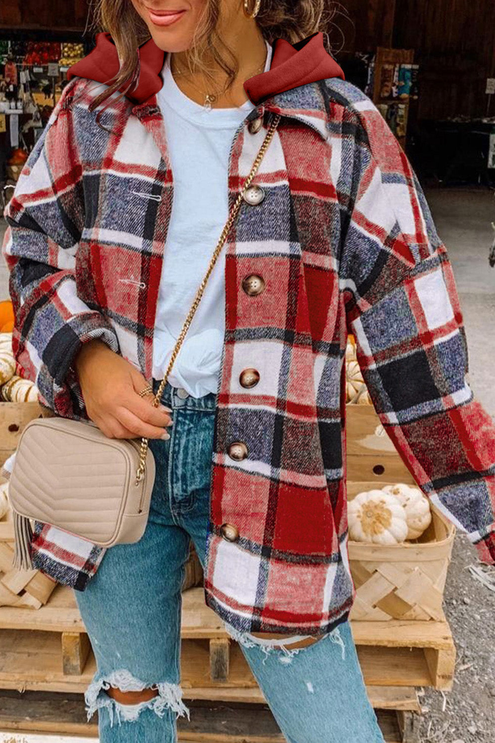 Fiery Red Hooded Plaid Button Front Jacket