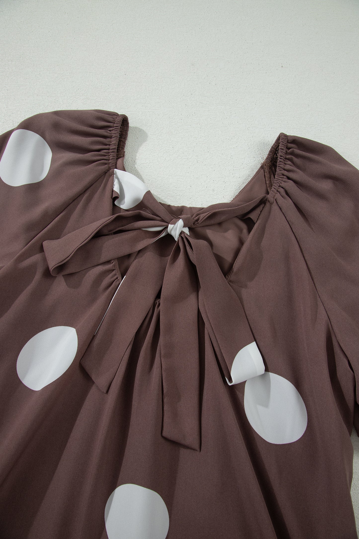 Brown Polka Dot Print Knot Back Short Puff Sleeve Loose Mini Dress