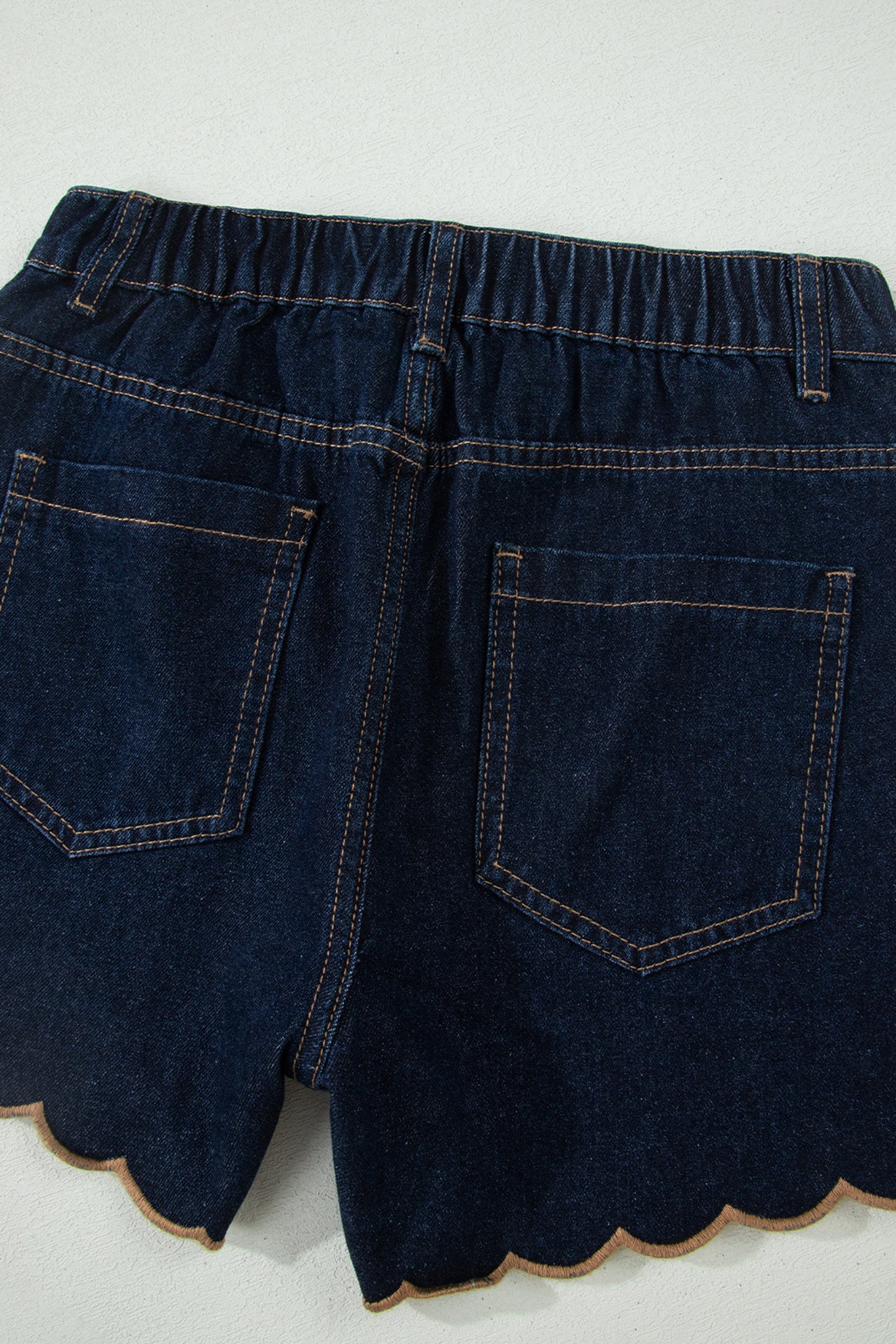 Navy Blue Embroidered Scalloped Trim Relaxed Denim Shorts