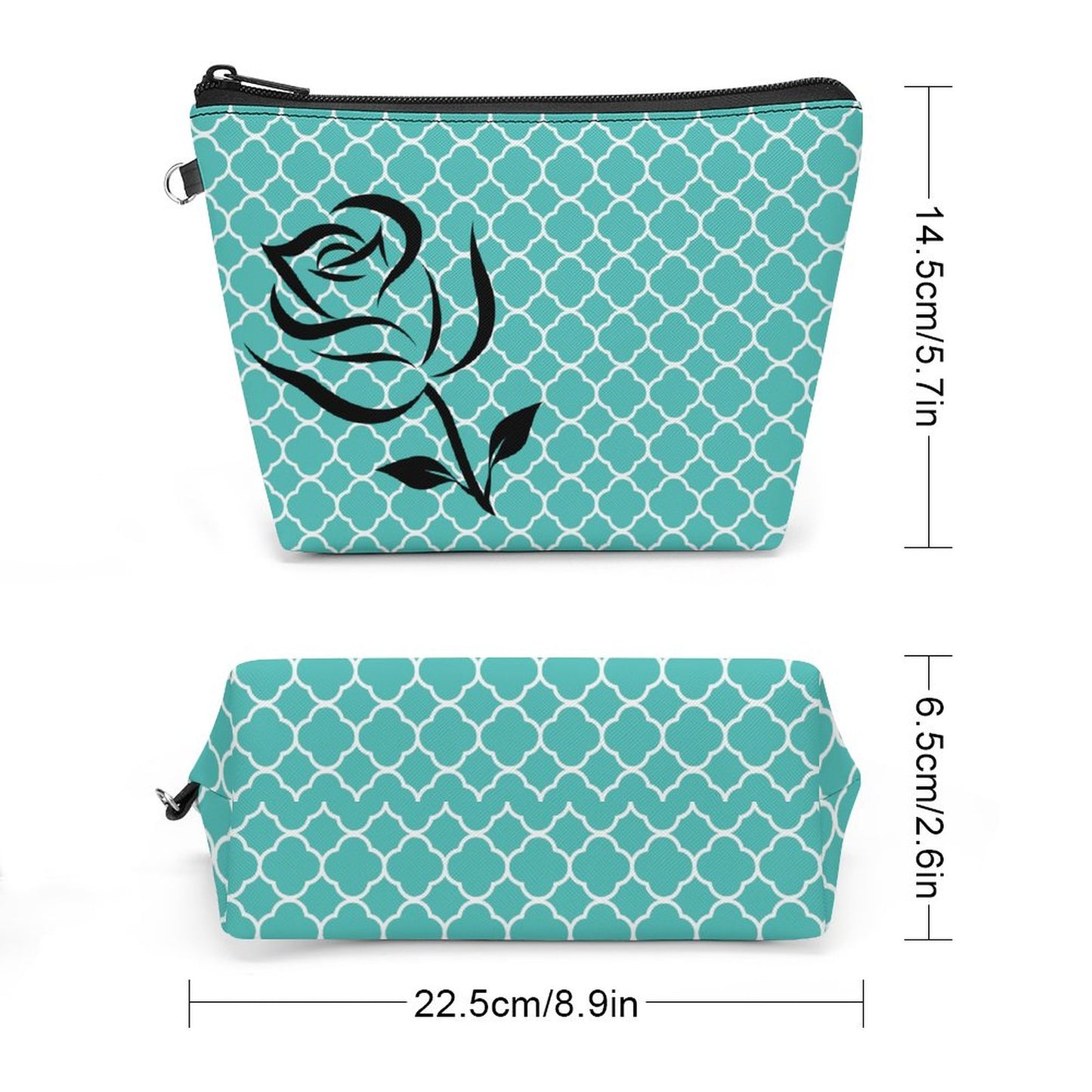 Handheld Makeup Bag With Strap - Teal with black rose