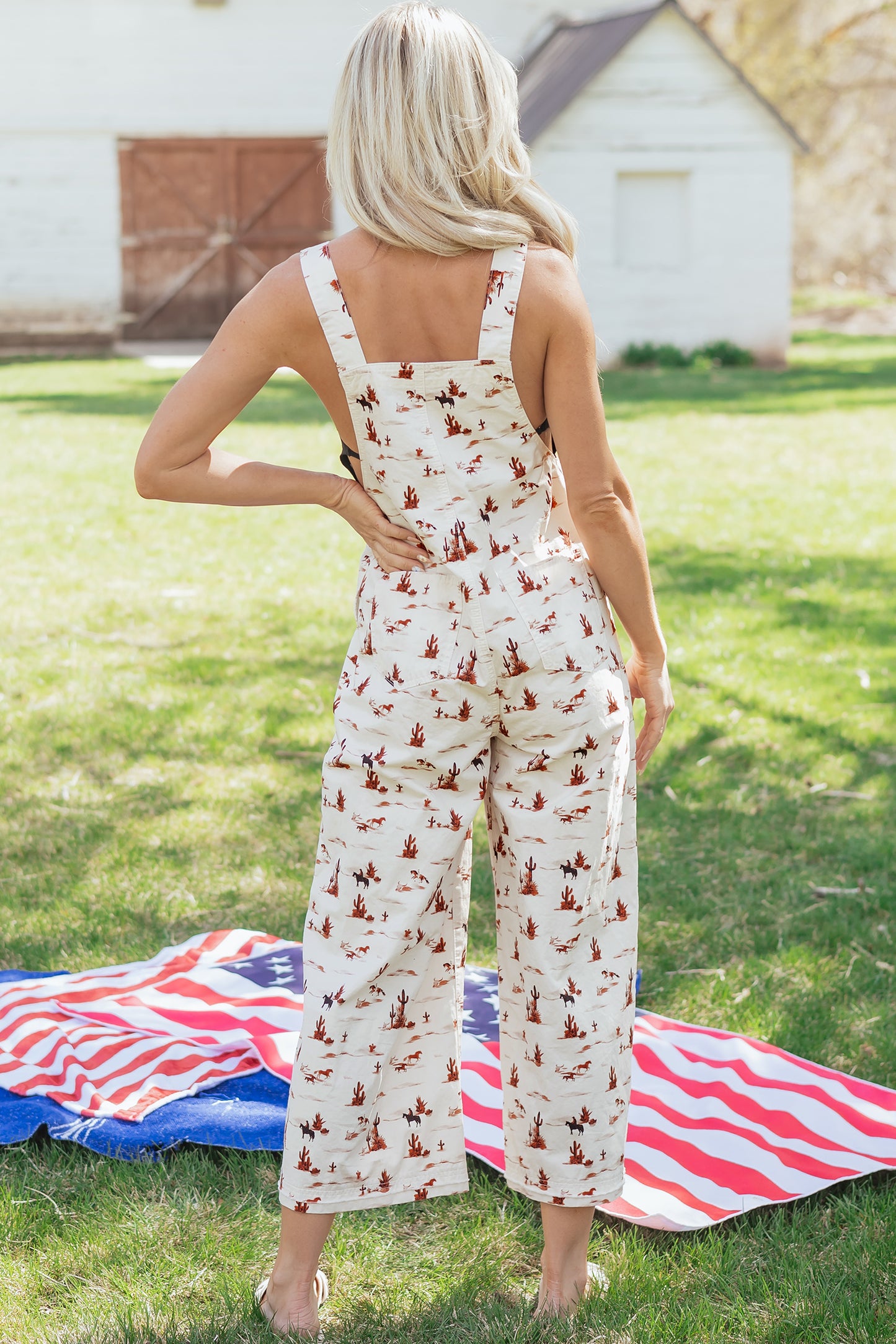 Beige Western Printed Button Adjustable Straps Loose Jumpsuit Dungarees