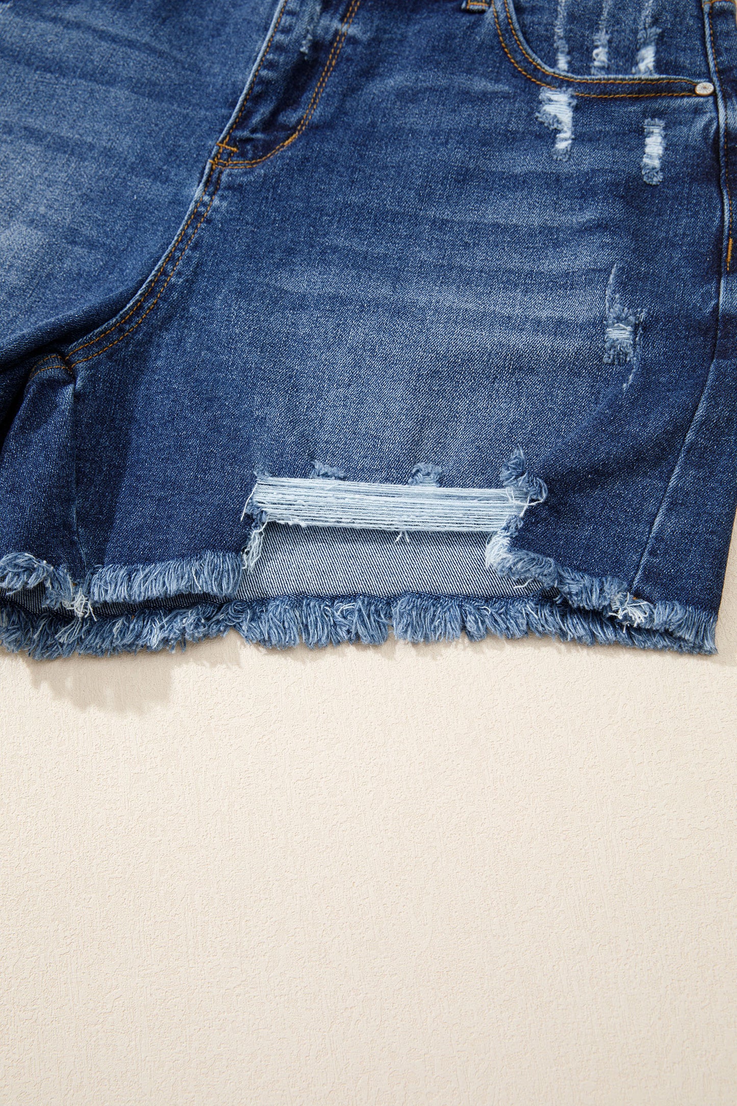 Sail Blue Asymmetric Raw Hem Distressed Whiskery Denim Shorts