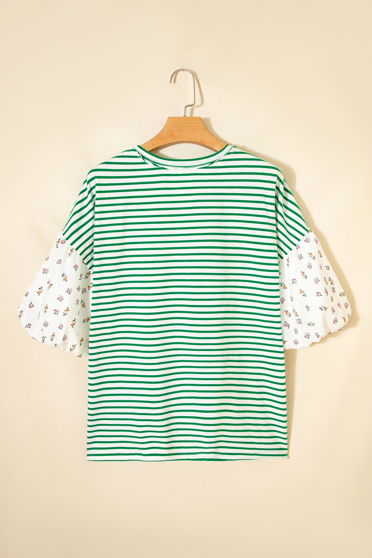 Green Stripe Floral Puff Sleeve Patchwork Round Neck Loose Top
