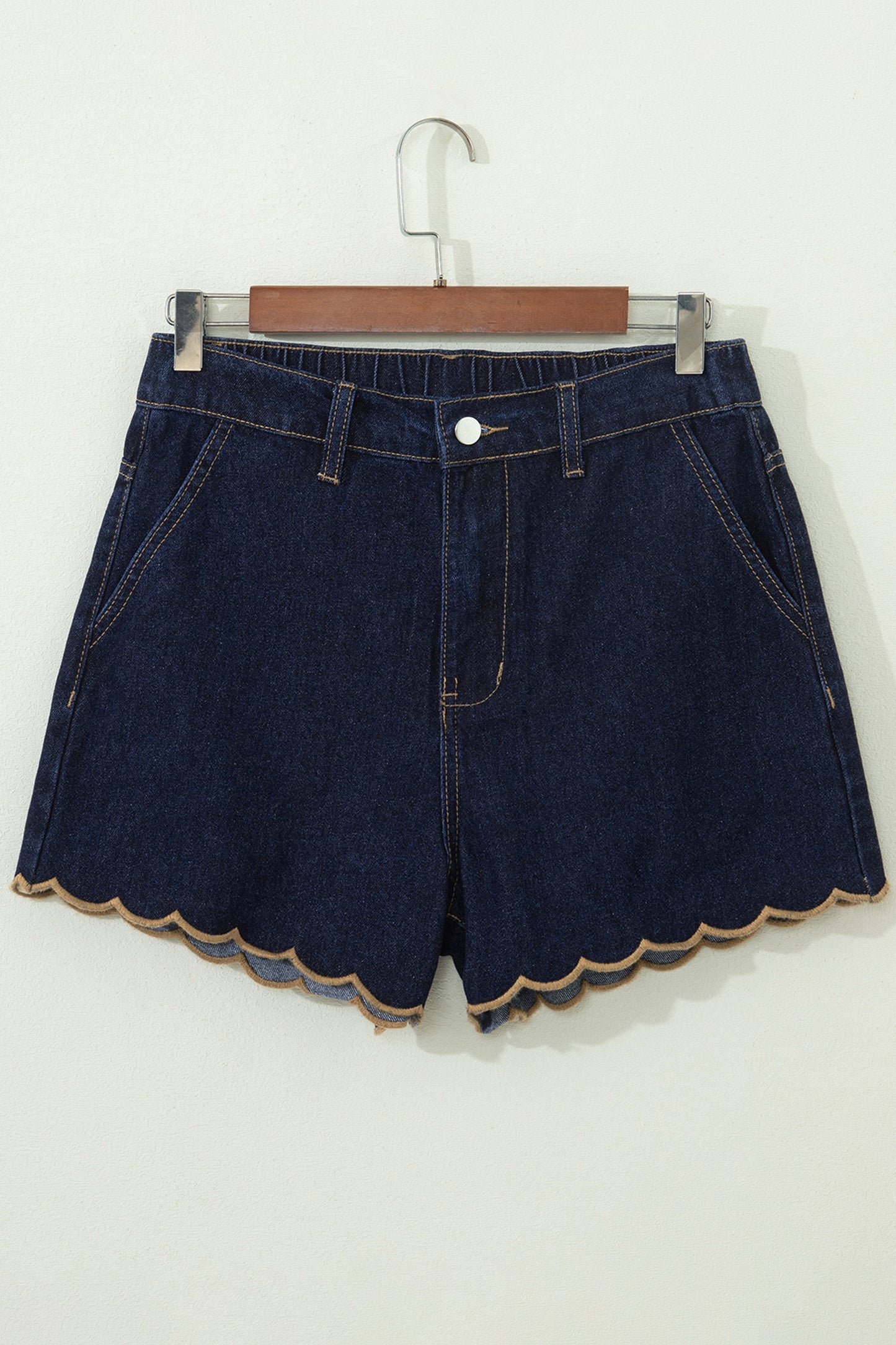 Navy Blue Embroidered Scalloped Trim Relaxed Denim Shorts