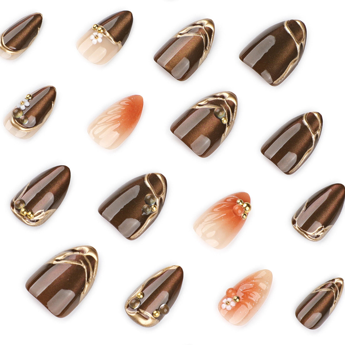 Brown Marble Gold-Accent Floral Press-On Nails – Image 3