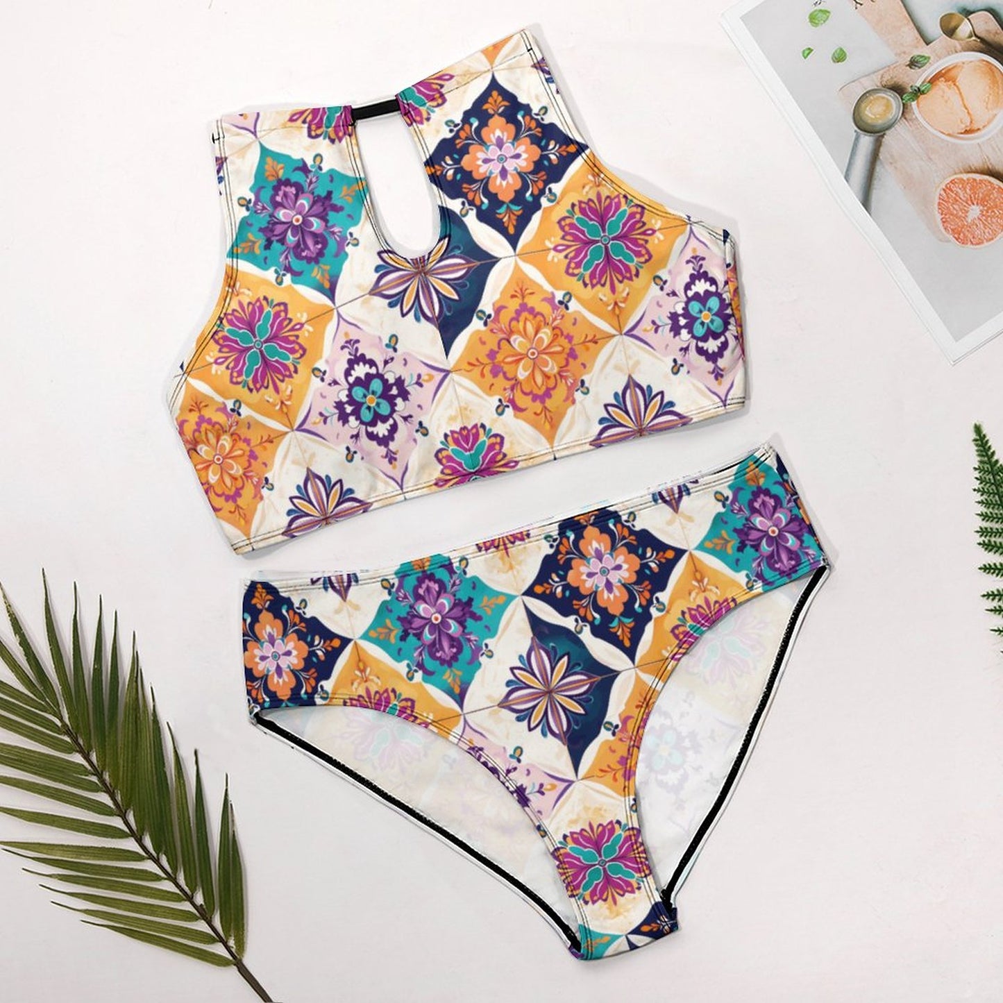 Women's Two piece Swimsuit with High Neck Halter Top Multlicolor