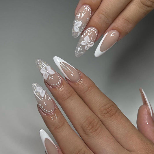 3D bow press-on nails white French manicure Internet celebrity pure desire Xingmang press-on nails finished product