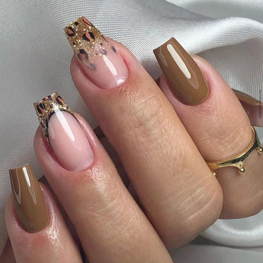 Autumn Brown Simple Wear Nail Patch Gold Glitter Leopard Print Nail Art Ballet Finger Nail Patch Nail Patch 365nails