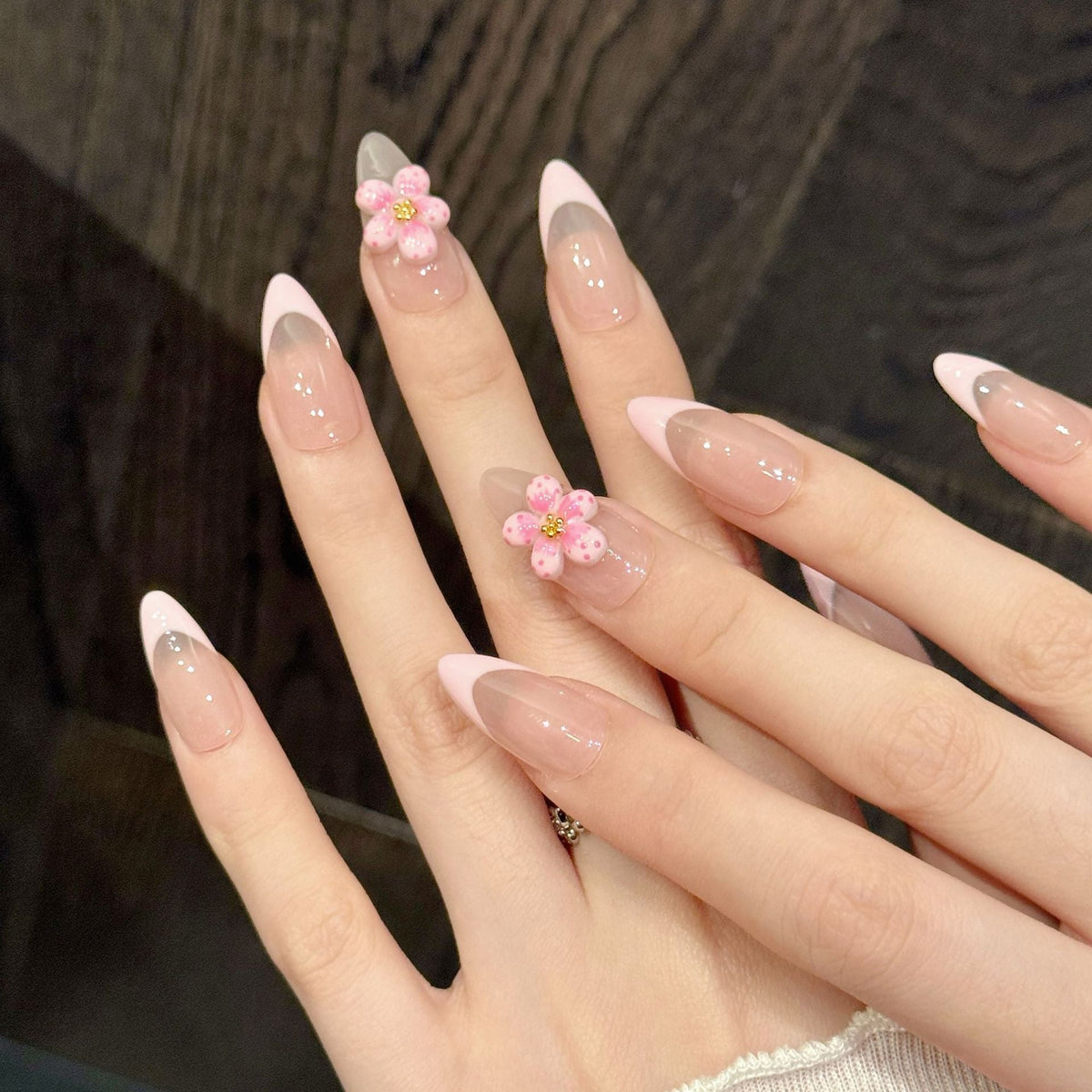 365nails: "Sakura Blush" – 3D Floral French Tip Handmade Almond Nails – Image 3