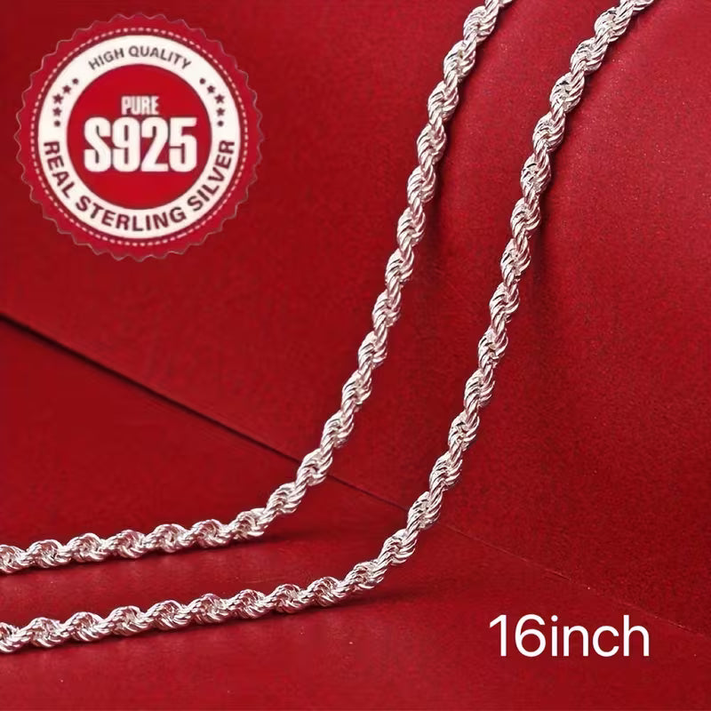 Sterling silver rope chain necklace is 16 inches long. It is made of 925 silver and has a twisted rope design.