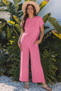 Bright Pink Solid Corded Knit Short Sleeve T Shirt and Wide Leg Pants Set