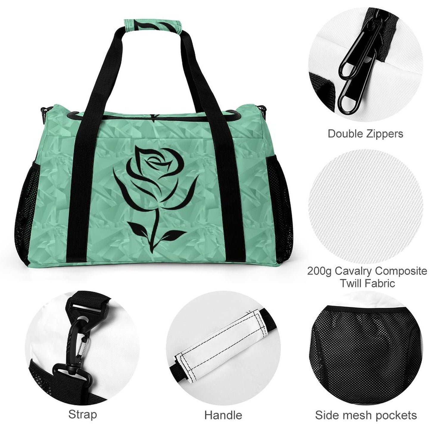Travel Duffel Bag Teal with Black Rose