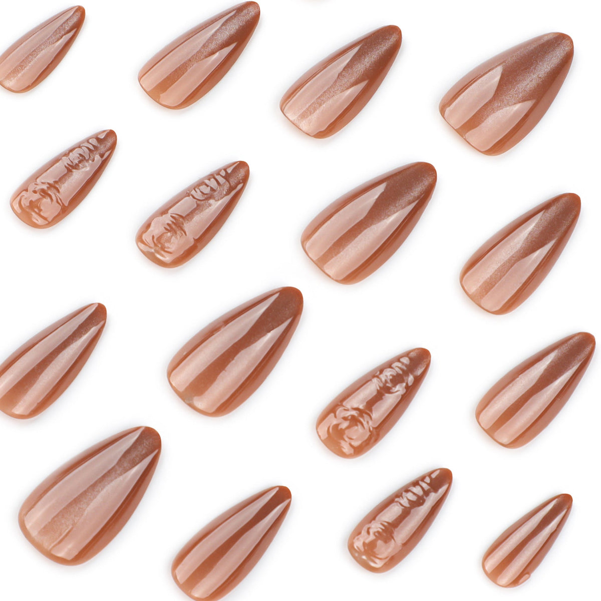 Autumn 3D Stereo Rose Brown Cat Eye Flash Short Almond press-on nails – Image 3