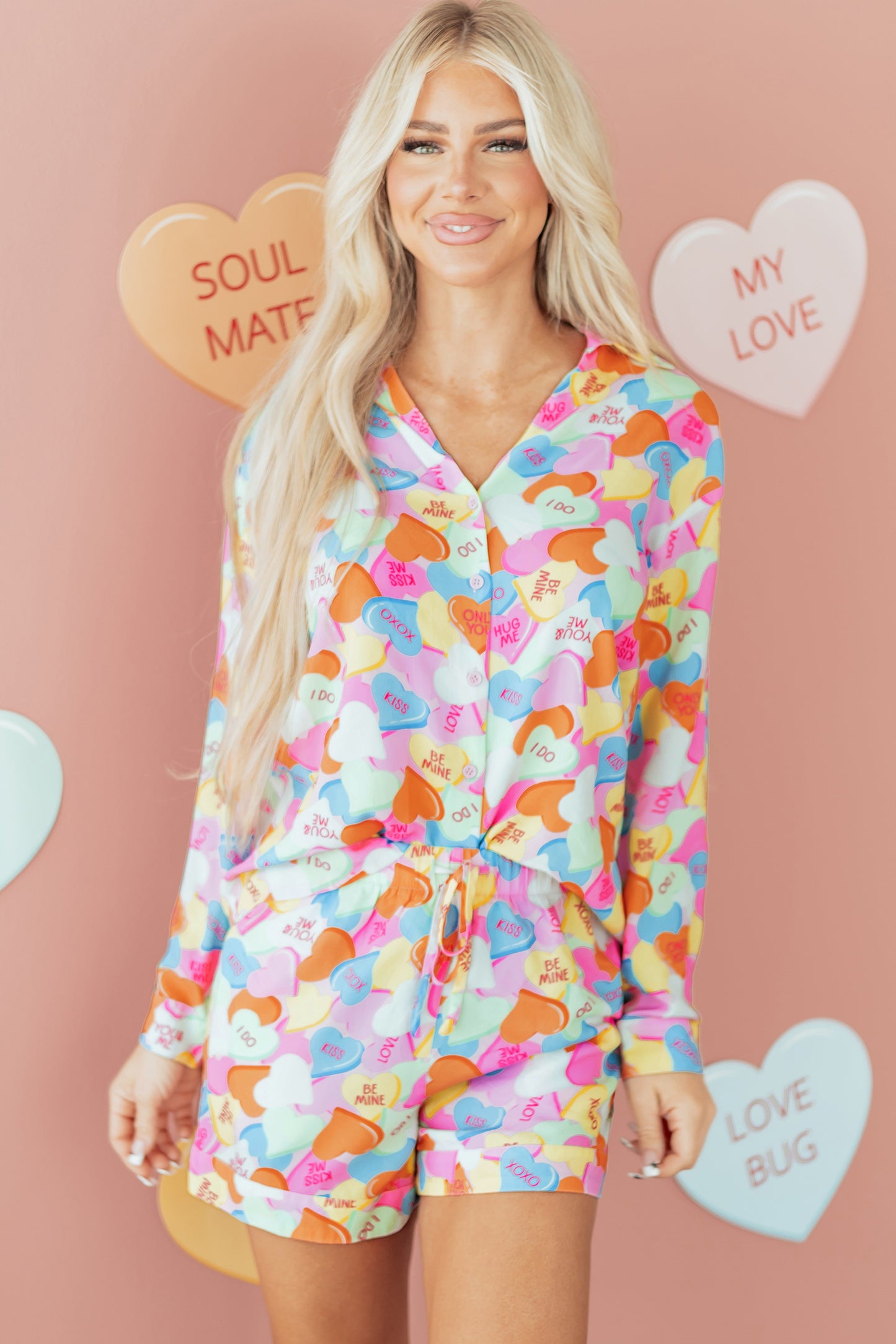 Pink Valentines Candy Heart V Neck Collared Tunic Shirt and Shorts 2pcs Pajama Set