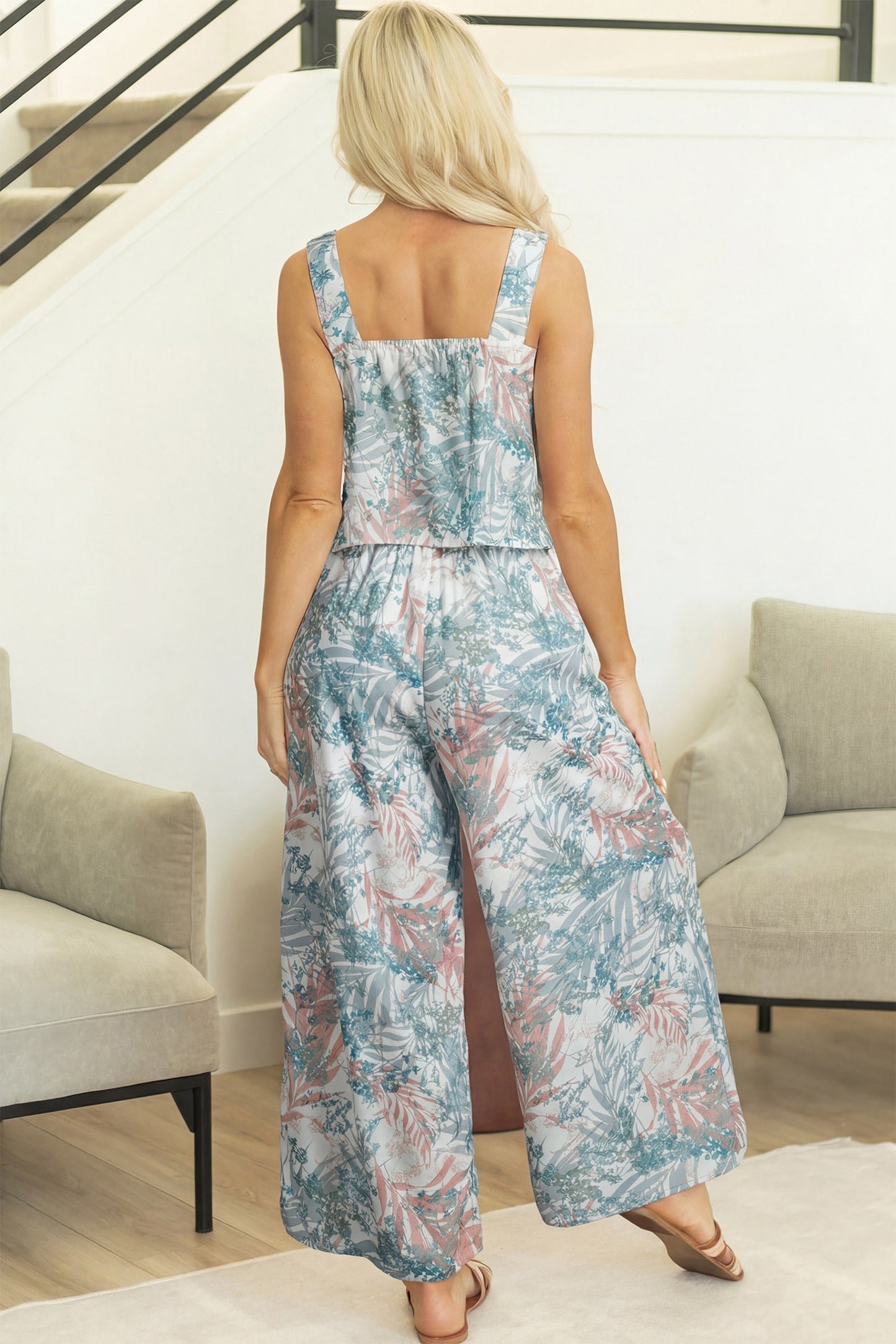 Green Tropical Palm Printed Cropped Tank Drawstring Wide Leg Pant Set