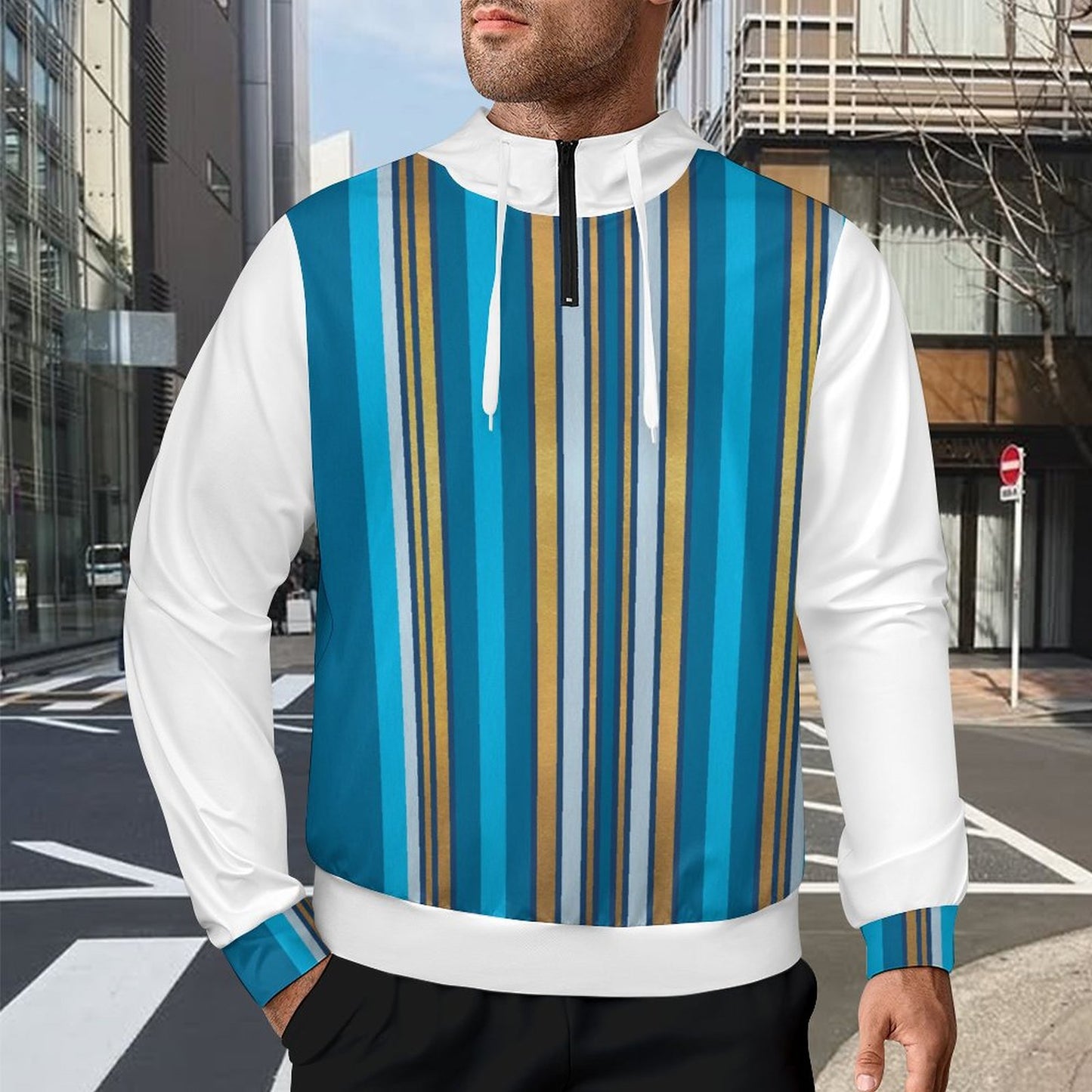 Hooded Zip Sweatshirt - Blue Striped