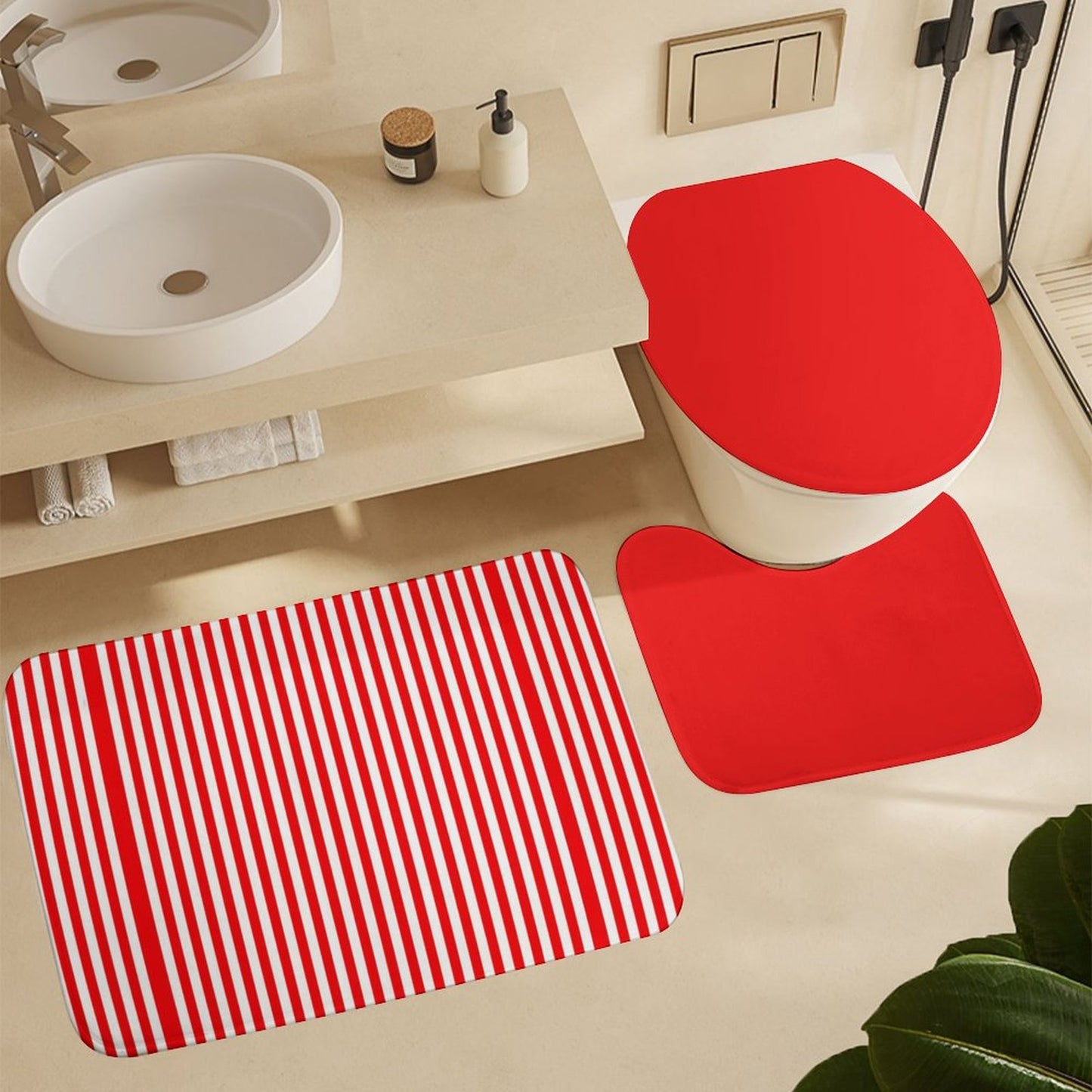 Shower Curtain Set with 3 Rugs Red Stripes