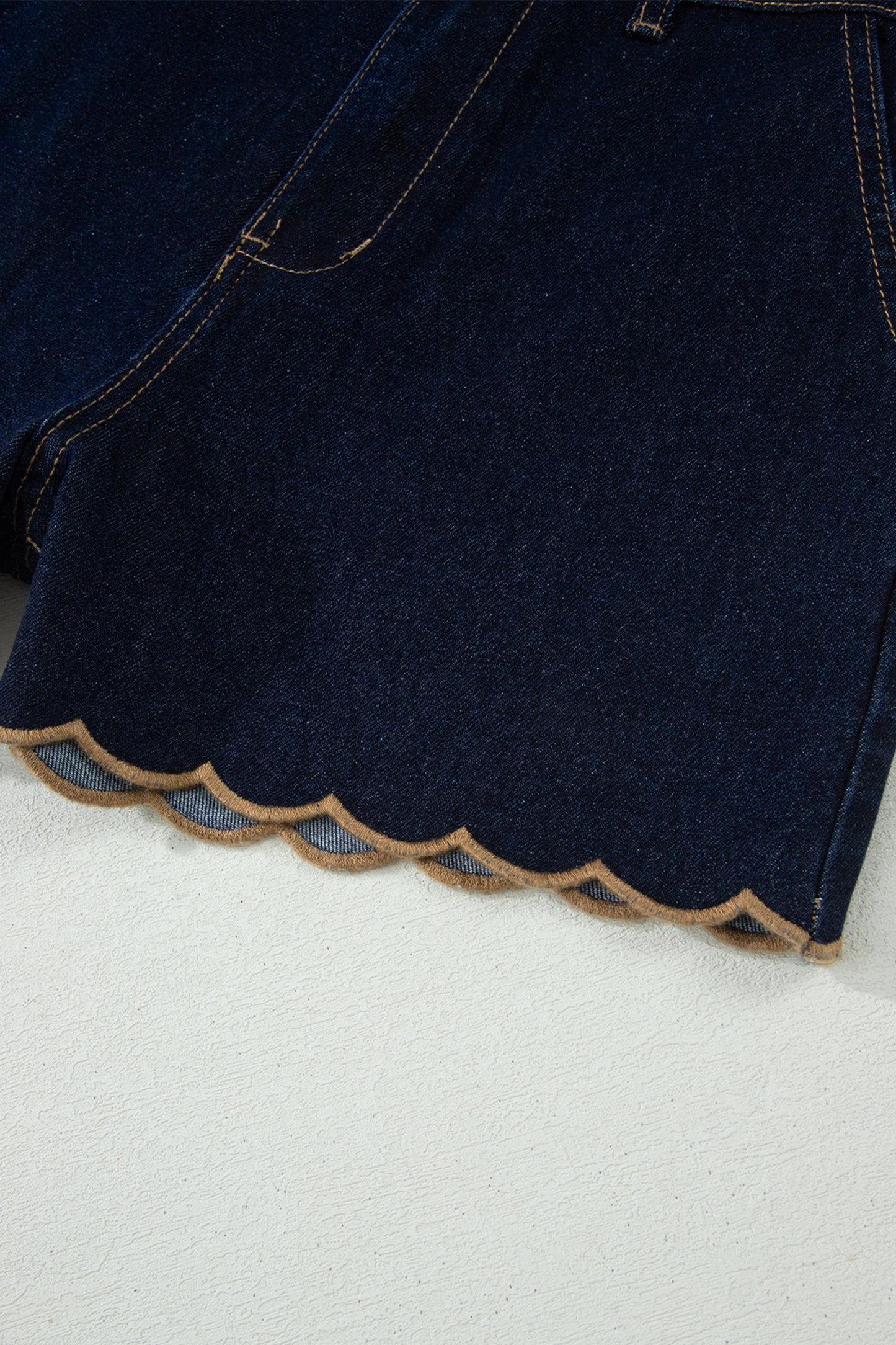 Navy Blue Embroidered Scalloped Trim Relaxed Denim Shorts