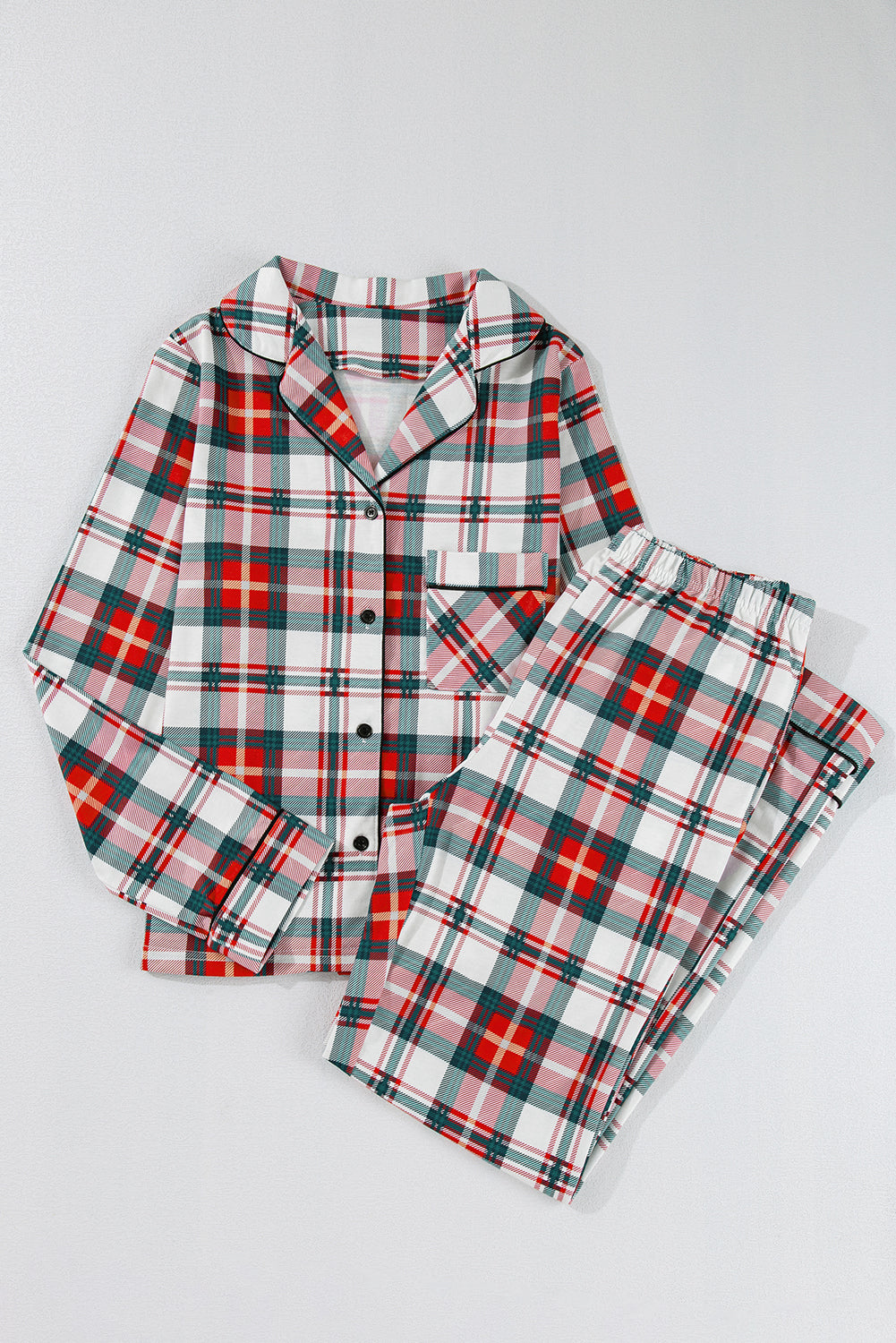 Red  Plaid Print Two Piece Long Sleeve Pajamas Set
