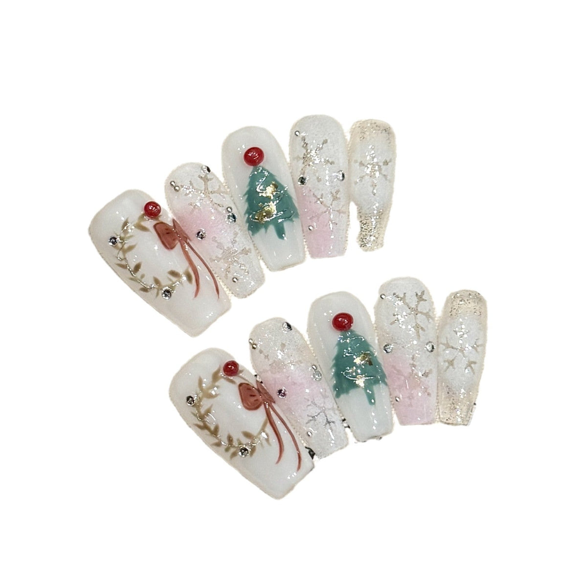 Elegant Christmas Wreath & Tree Press‑On Nails – White and Gold Medium Design – Image 4