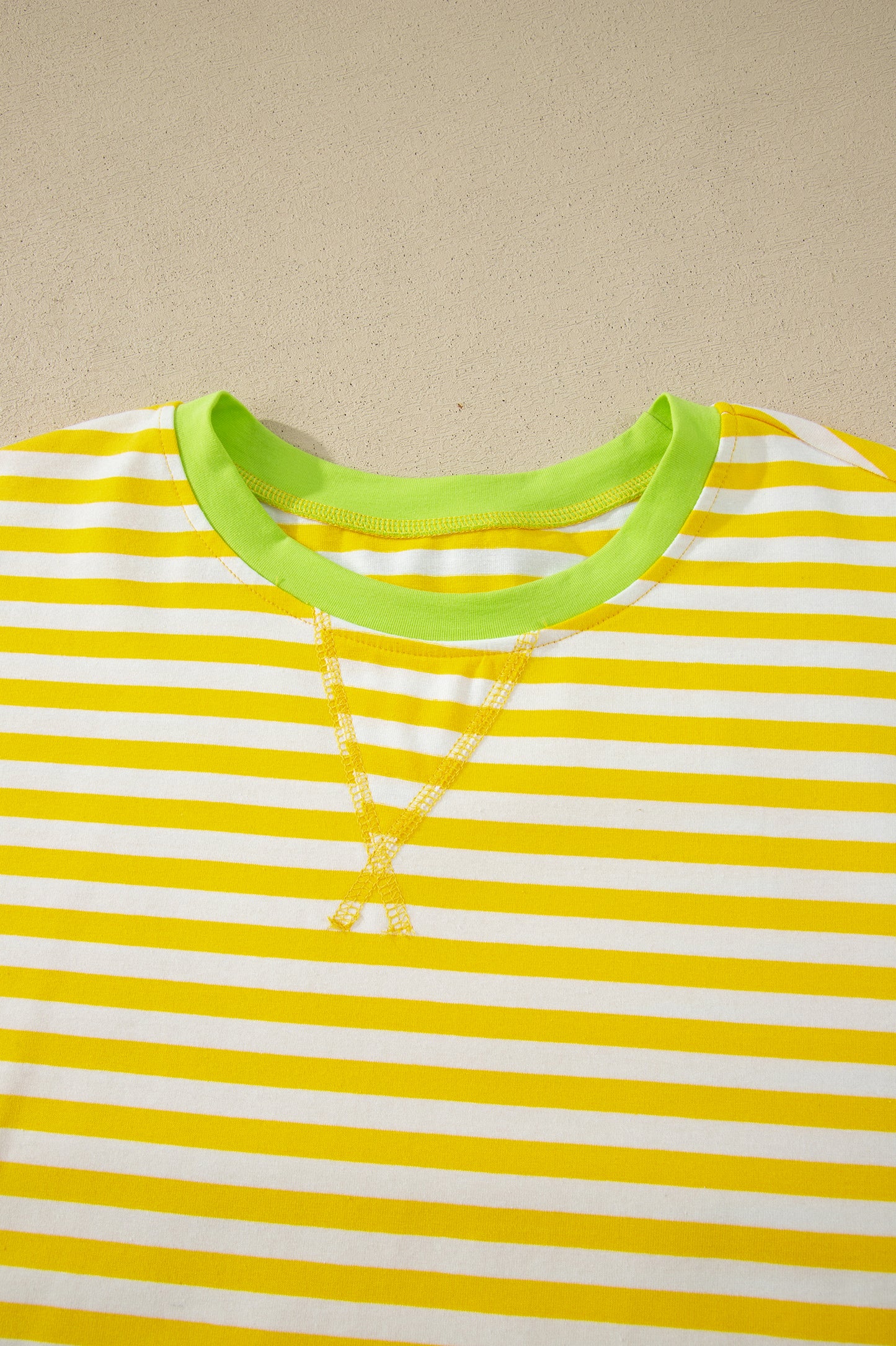 Yellow Stripe Contrast Neck Loose Tee and Drawstring Shorts Set