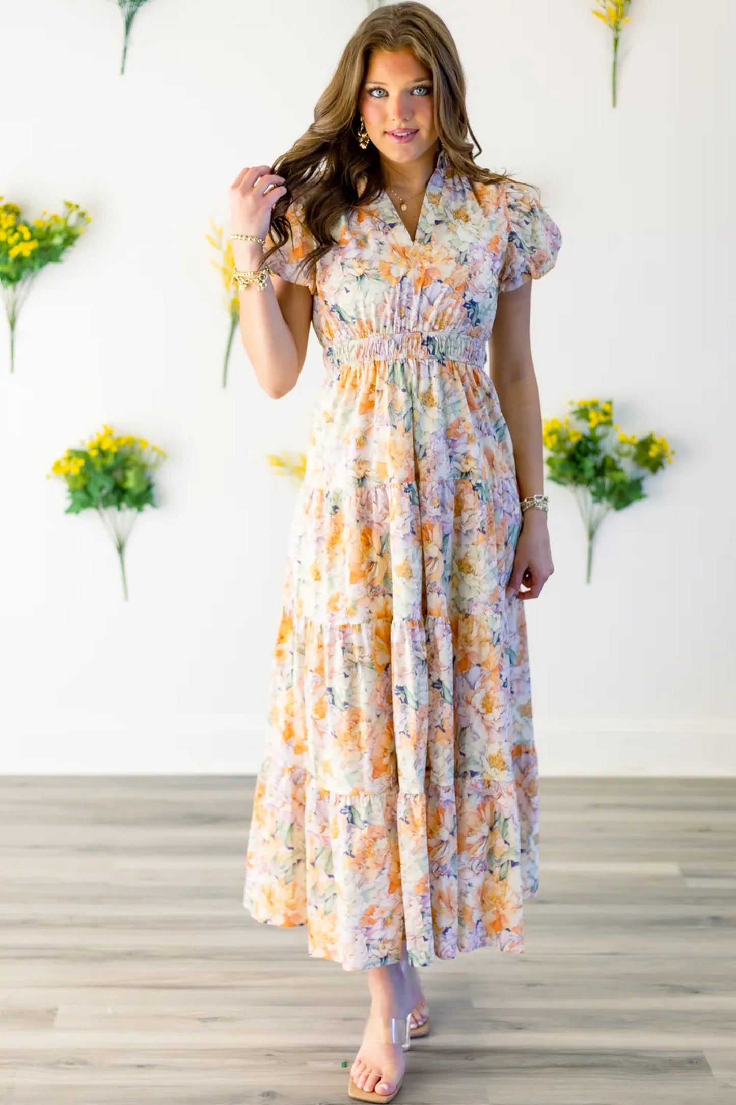 Floral Bubble Sleeve V Neck Flared Maxi Dress