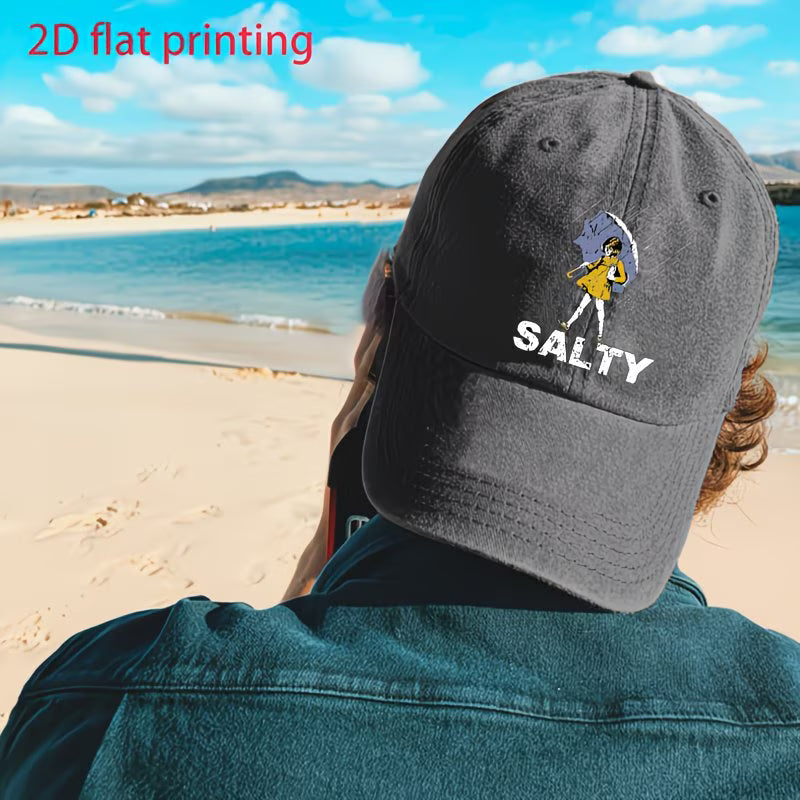 1pc Adjustable Vintage Washed Baseball Cap with Umbrella and "SALTY" Print | Unisex, Fashionable Streetwear, Ideal for Gifts, Curved Brim, Dome Style