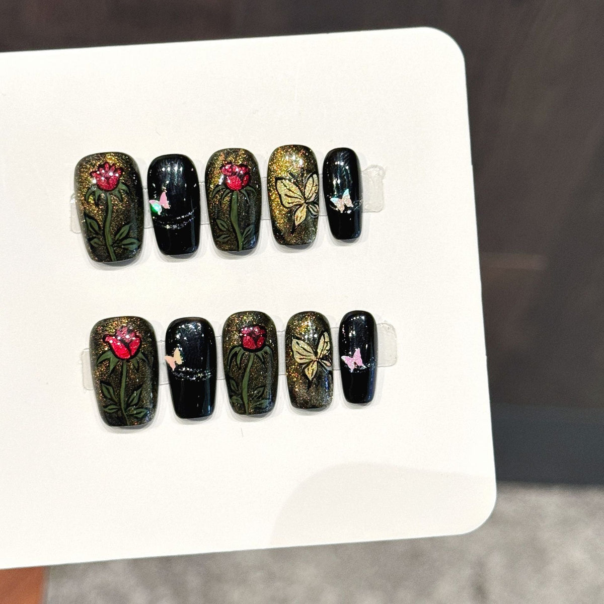 365nails: "Gothic Garden" – 3D Floral & Butterfly Handmade Medium Coffin Nails – Image 5