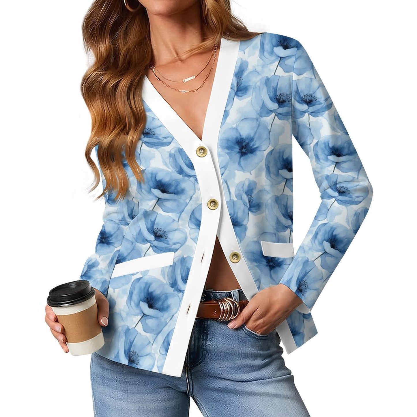 Women's Lightweight Cardigan Blue Flowers