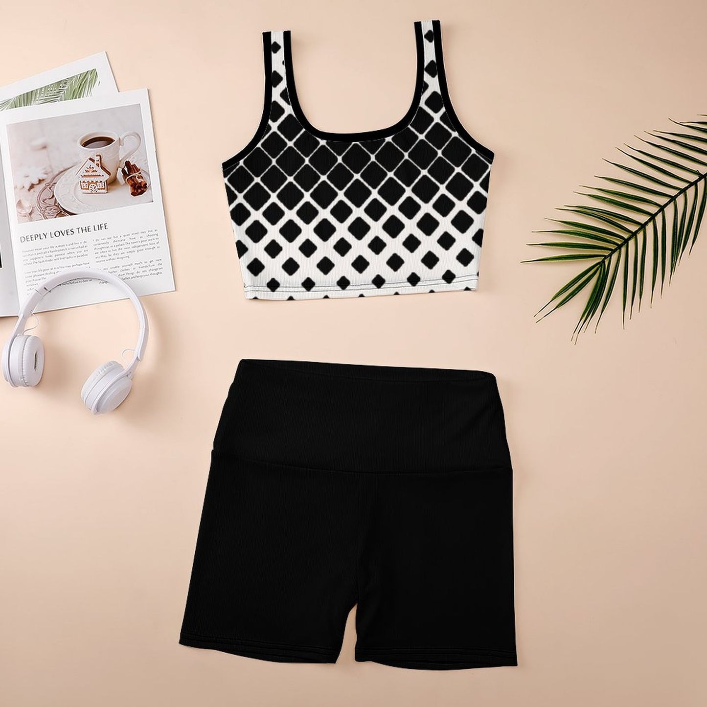 Custom Printed Patterned Ribbed Yoga Sets Black and White