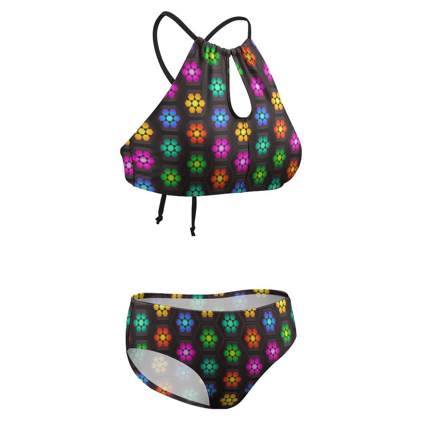 Women's Two piece Swimsuit with High Neck Halter Top Colorful Daisies