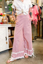 Red Stripe Contrast Lace Ribbon Tie Detail Wide Leg Pants