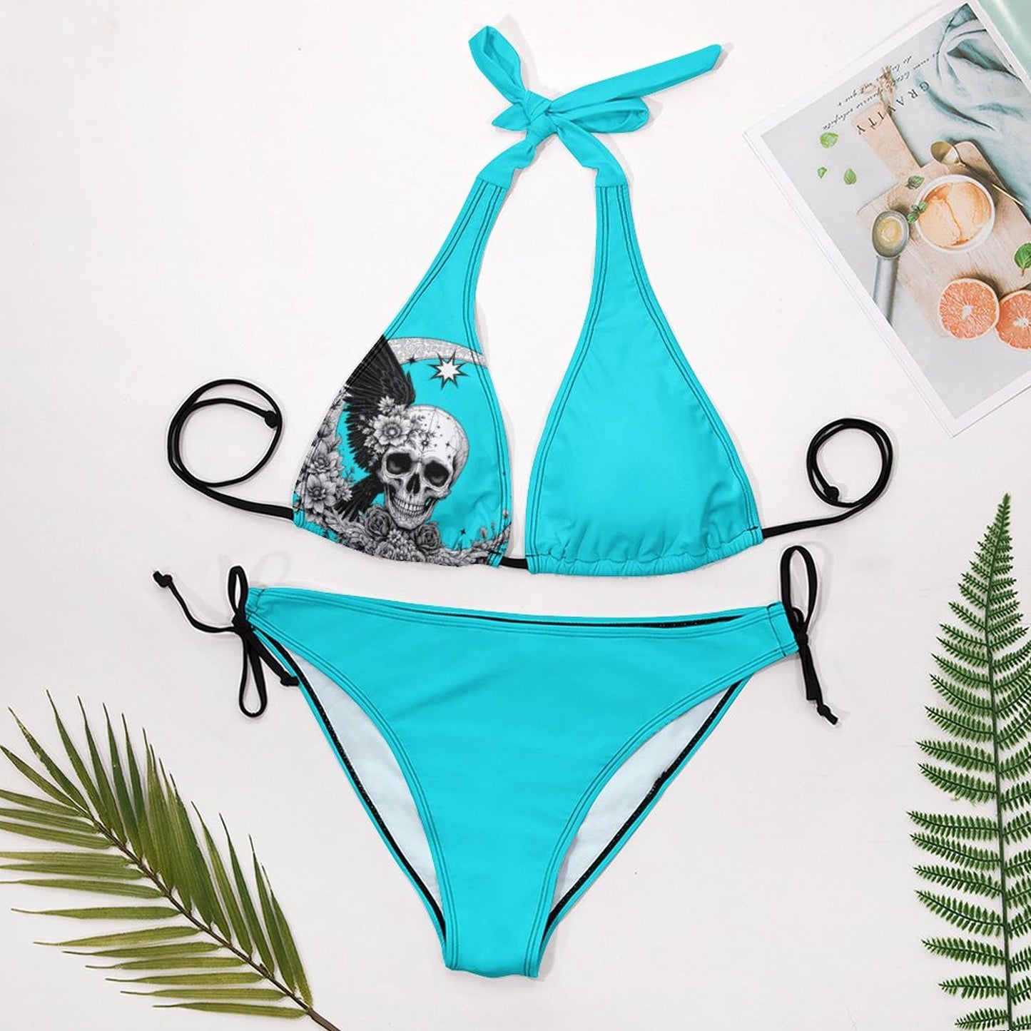 Two Piece Halter Swimsuit Teal Skull