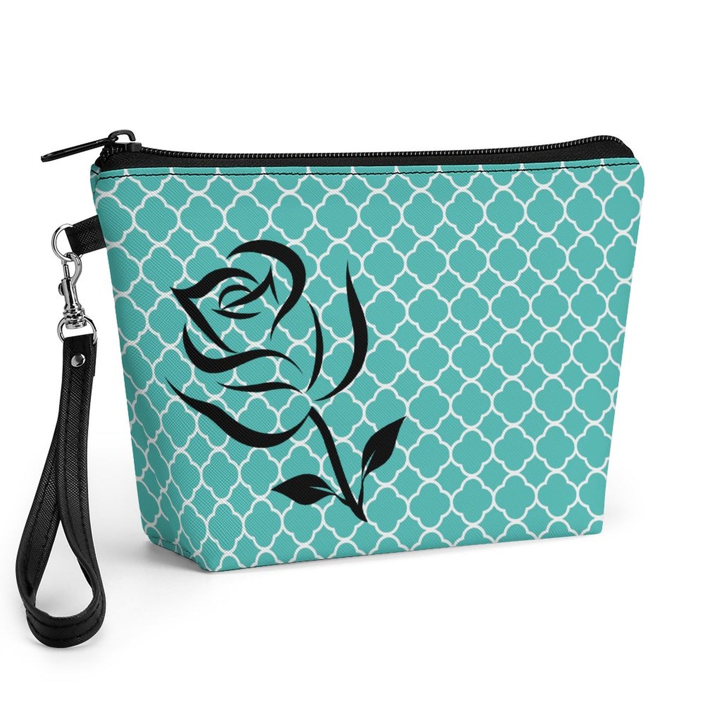 Handheld Makeup Bag With Strap - Teal with black rose
