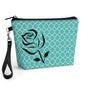 Handheld Makeup Bag With Strap - Teal with black rose