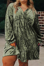 Jungle Green Plus Size Velvet Babydoll Mini Dress with Puff Sleeve
