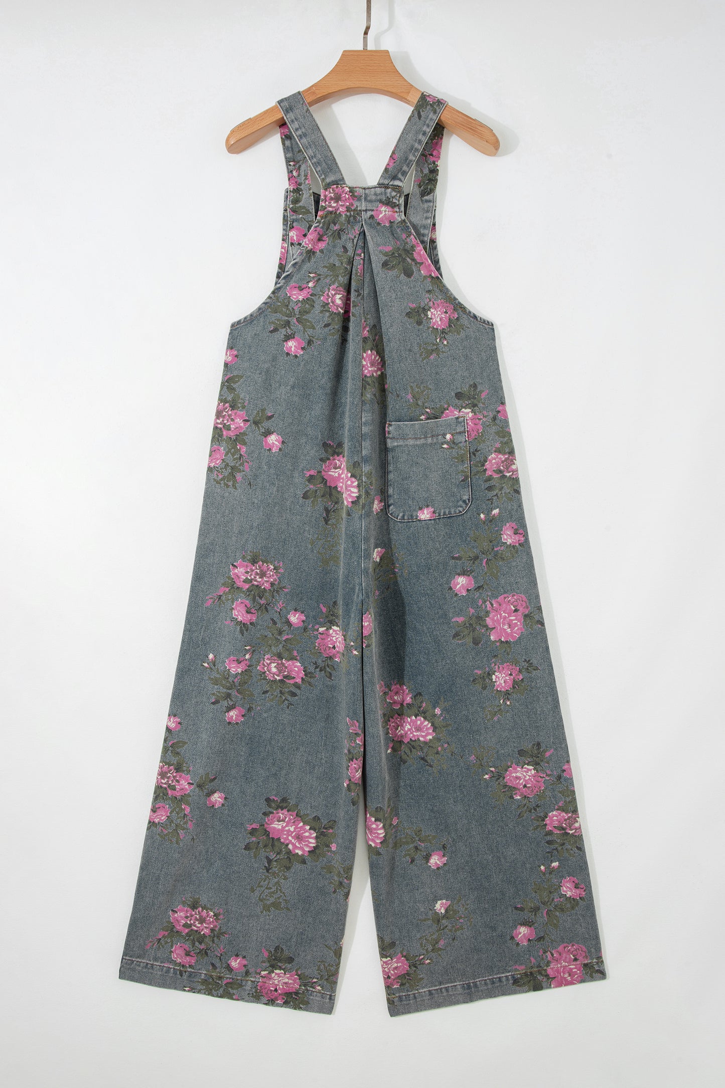 Gray Beau Floral Print Pleated High Waist Wide Leg Denim Jumpsuit