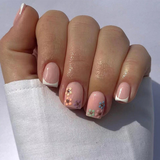 Press on nails short white French nails piece finished multi-colored flower gold glitter nails art press on nails 365nails