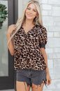Brown Leopard Print Button Down Lace Trim Short Sleeve Shirt