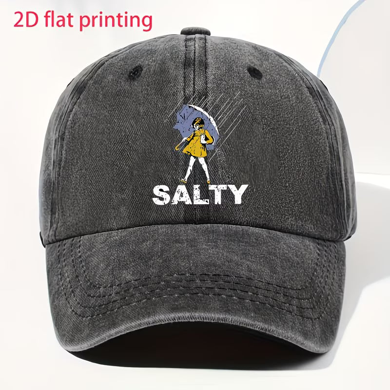 1pc Adjustable Vintage Washed Baseball Cap with Umbrella and "SALTY" Print | Unisex, Fashionable Streetwear, Ideal for Gifts, Curved Brim, Dome Style