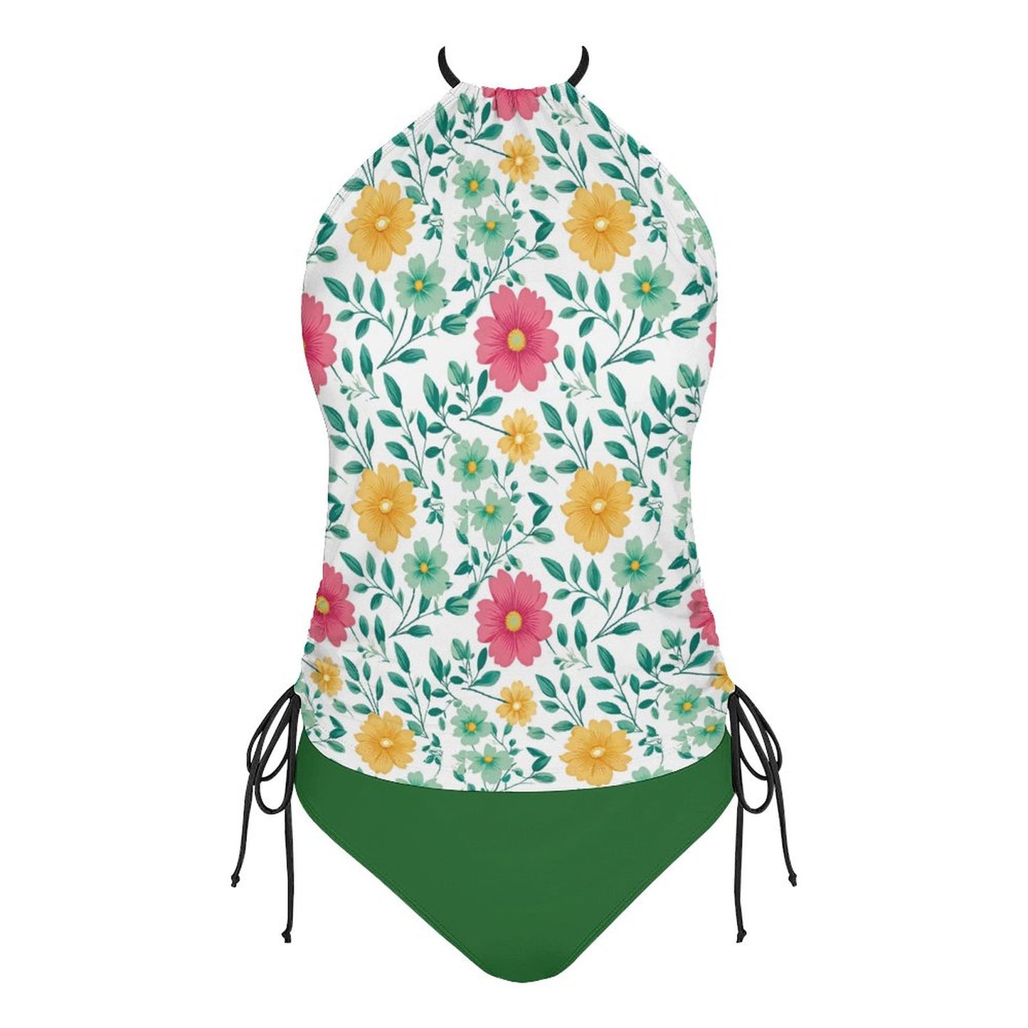 2-Piece Women's Tankini Set with High Neck Halter Top Green with Flowers