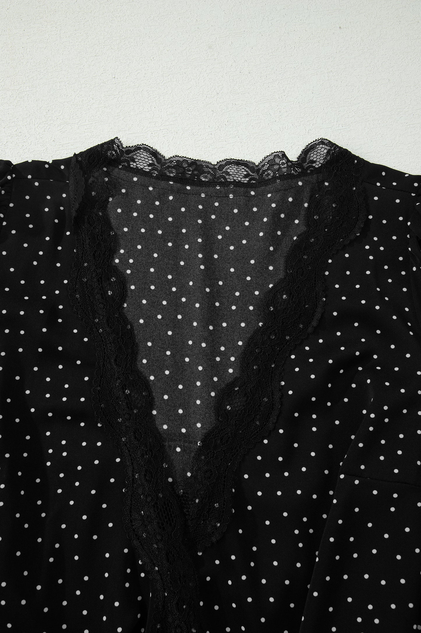 Black Polka Dot Print Lace Trim Wrap Mini Dress