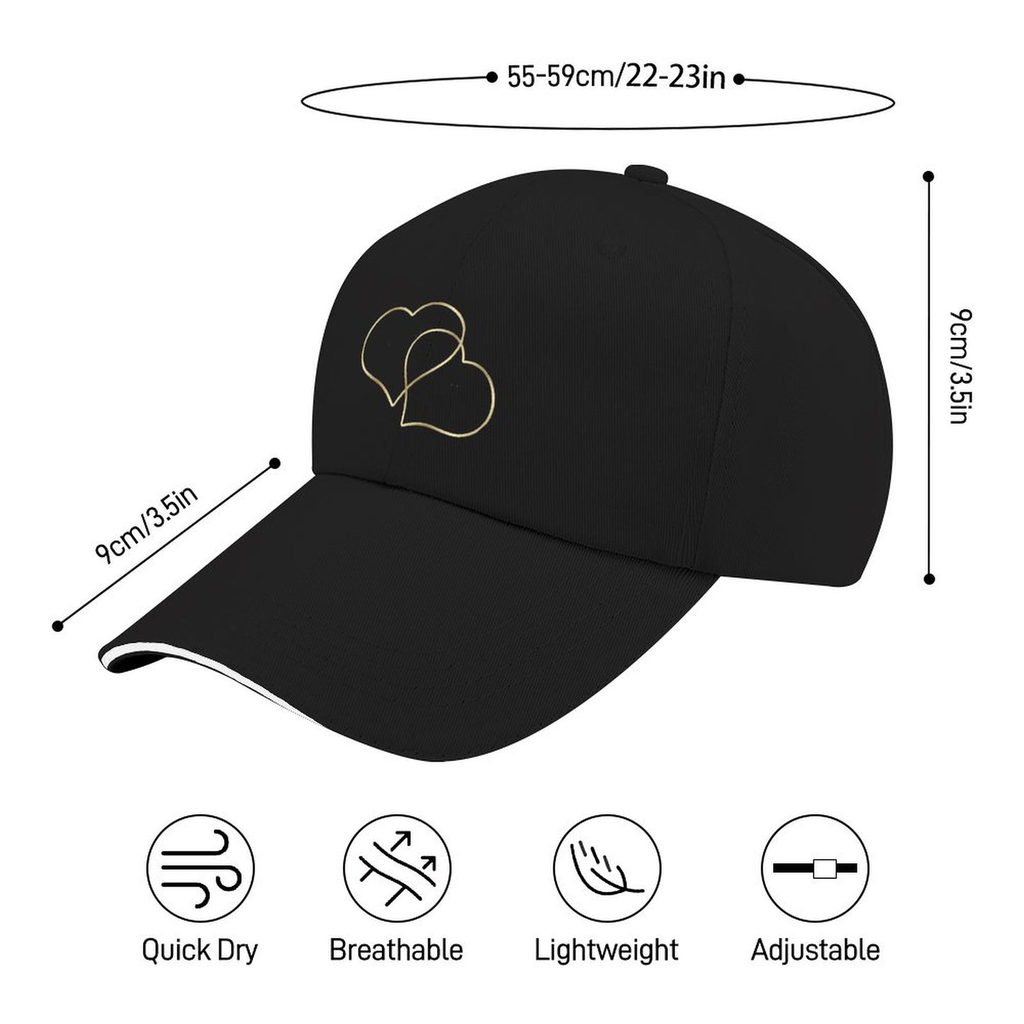 Baseball Cap for Men Women Curved Visor Sandwich -Gold Hearts