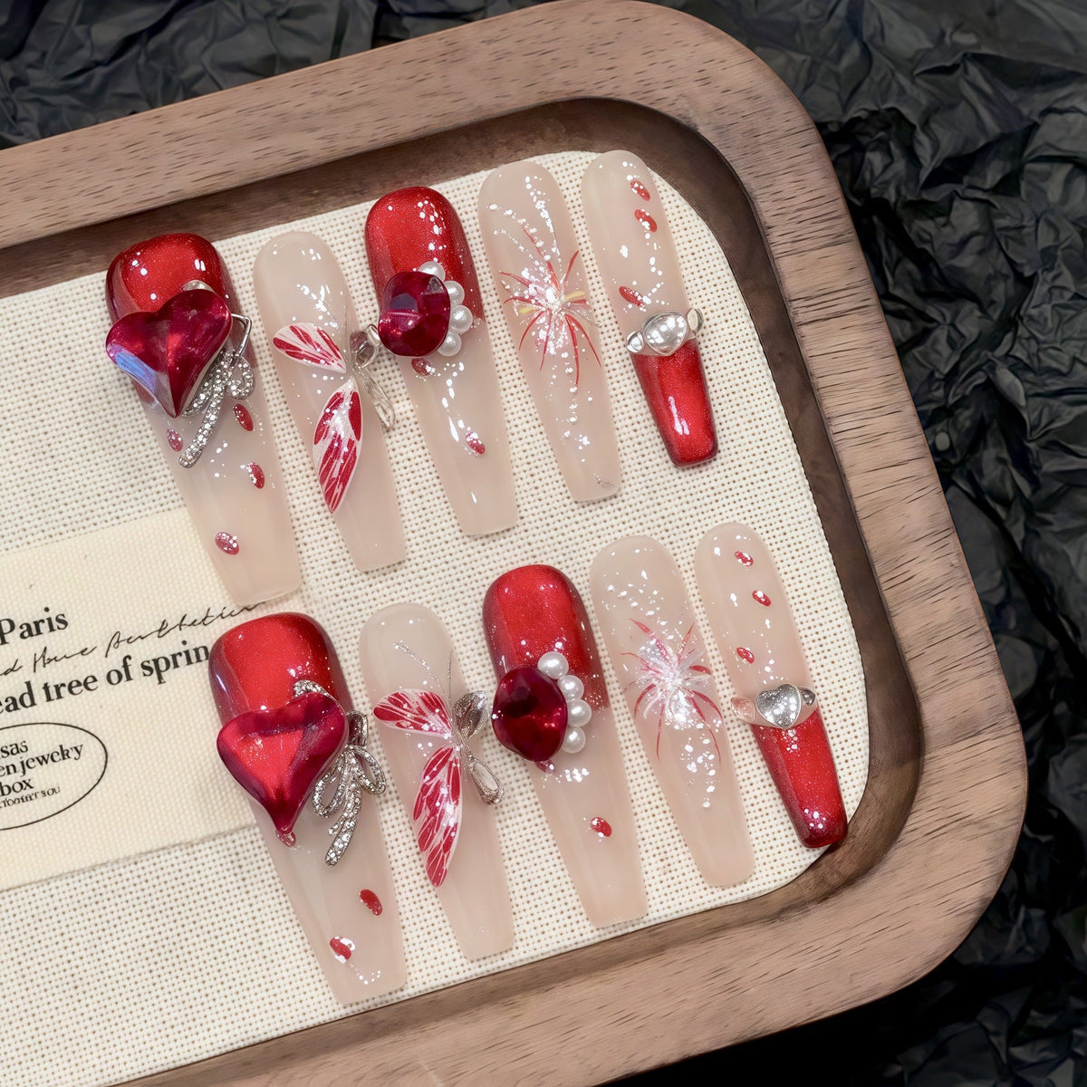 365nails: "Crimson Blossom" – Hand-Painted Floral & Gemstone Accents Press-On Nails Coffin Nails